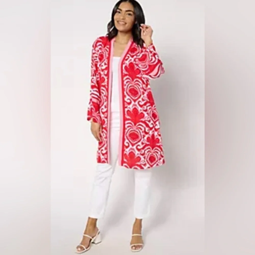 Dennis Basso Women’s Red White Duster Kimono Bohemian Hippie Western Cowgirl 2X - Picture 3 of 10